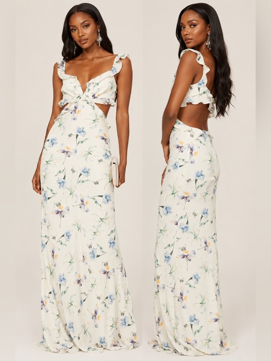 sau lee Dresses & Skirts - Sau Lee Floral Maxi Dress US 10 Blush Pink Blue Ruffle Sleeveless V-Neck Formal